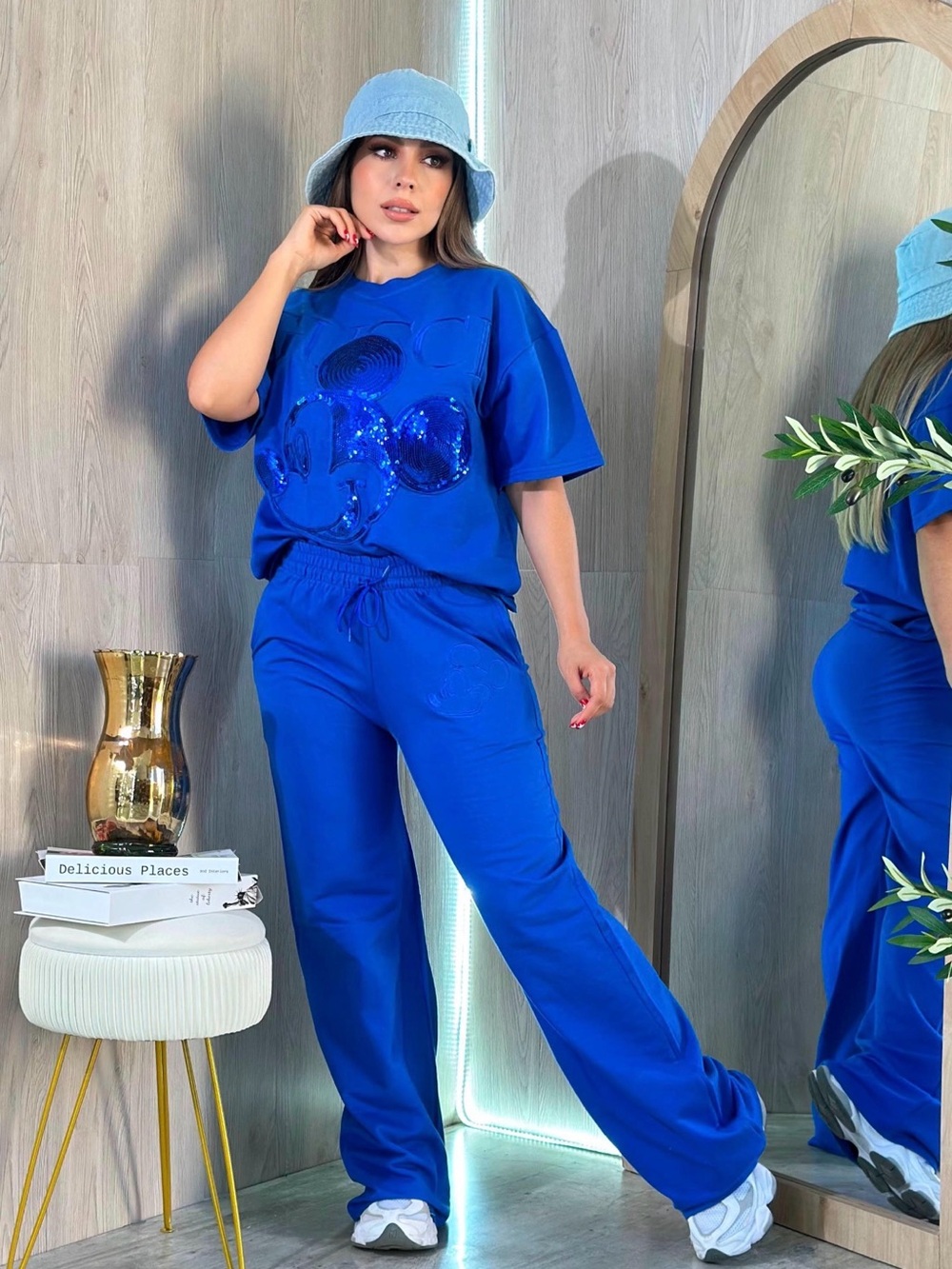 Cobalt Blue Matching Two piece Set with Sequin Mickey with Wide Leg Pants size S